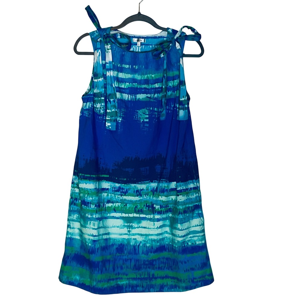 TYLER BOE women's linen cotton dress Bright resortwear blue green pockets bows L